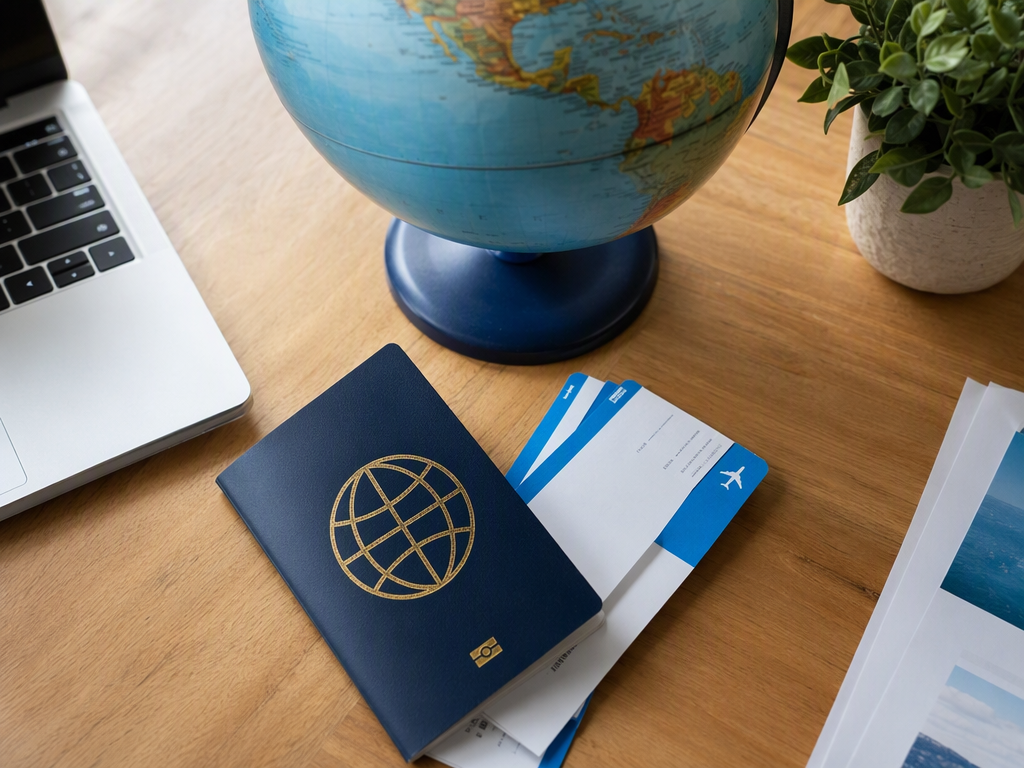 Office desk with passport and visa documents