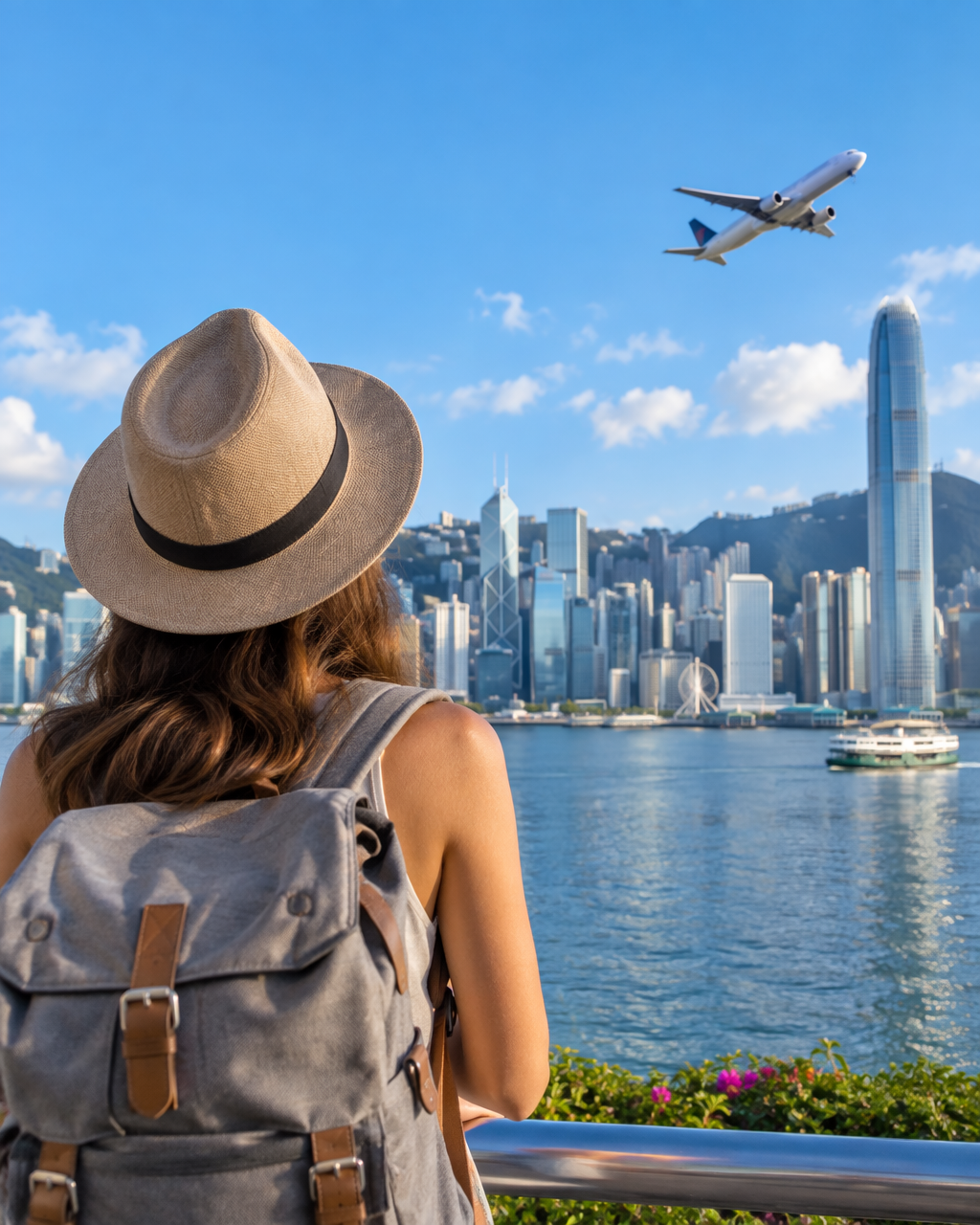 Traveler looking at a city skyline with a plane overhead